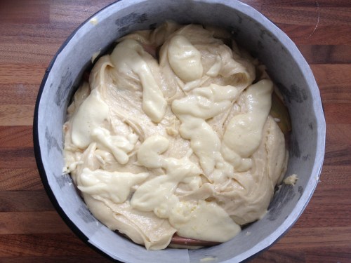 Rhubarb and custard cake ready for the oven