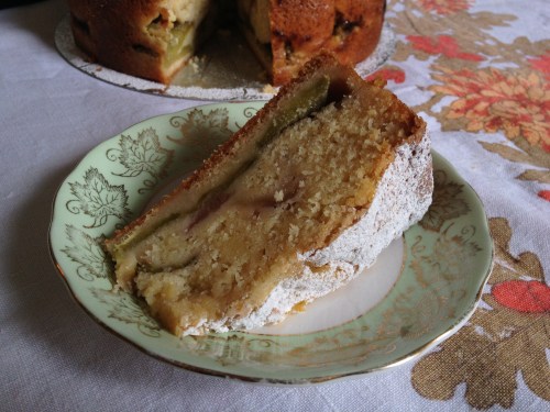 A slice of rhubarb and custard cake
