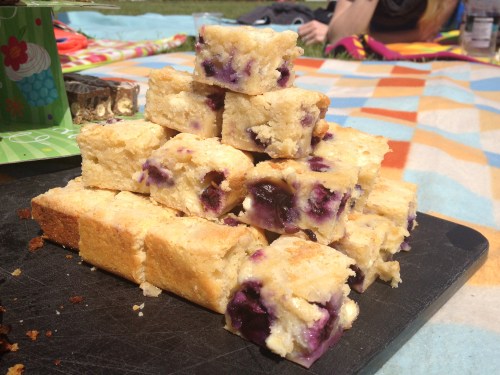 White chocolate, almond and blueberry blondie