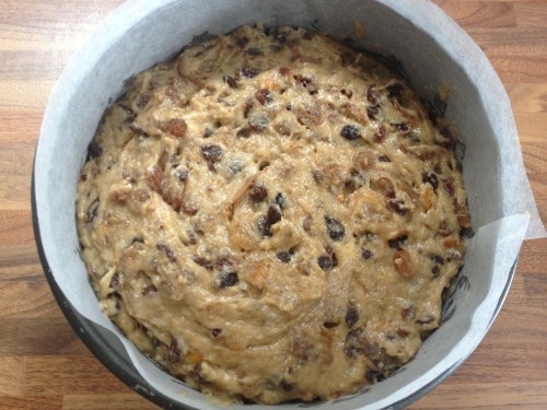 Rum soaked fruit cake ready to go in the oven...