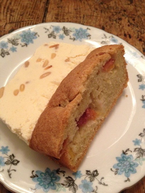 Peach and oliveoil cake with pine nut semi freddo