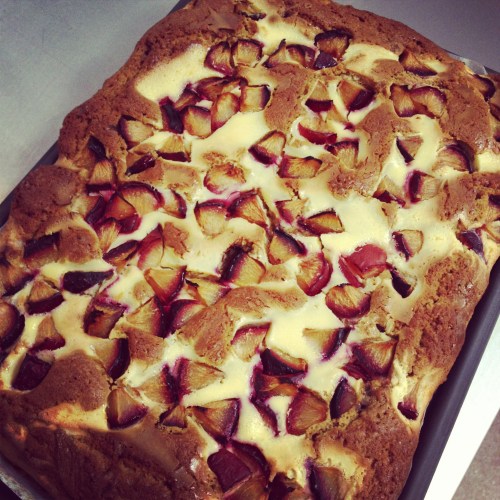 Plum cake w/ cheesecake ripple