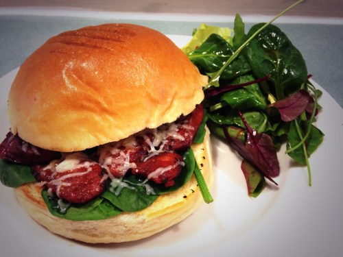 Chorizo, spinach & manchego on a toasted brioche bun